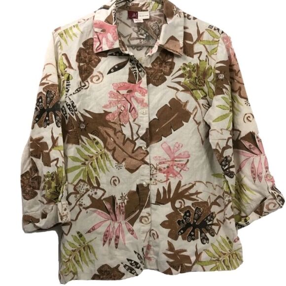 Vintage JM Collection 16 100% LINEN  Art Print RolltabSlv Women’s Blouse Shirt - Picture 4 of 11